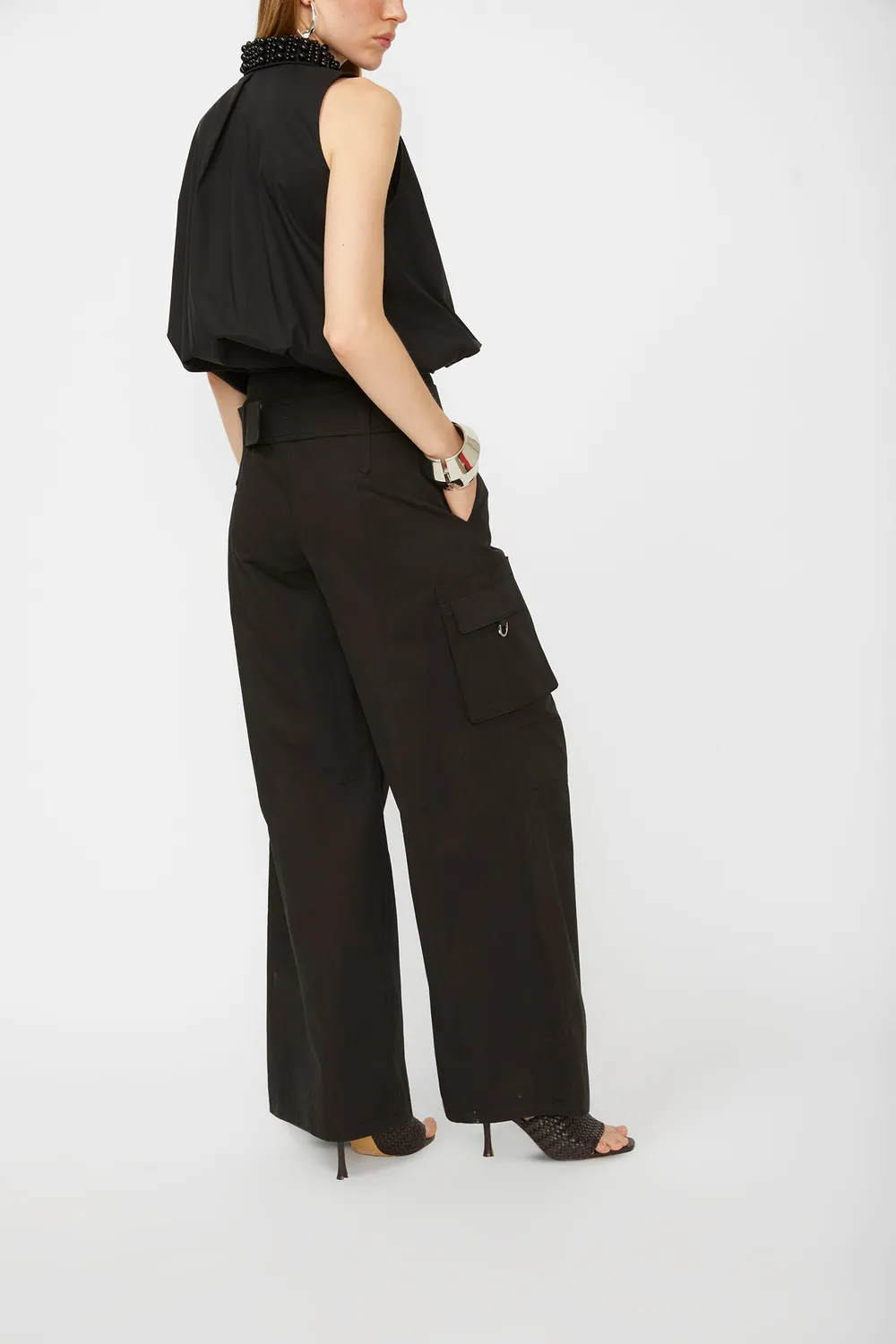 Isabelle Blanche pantaloni negri bumbac cu cordon