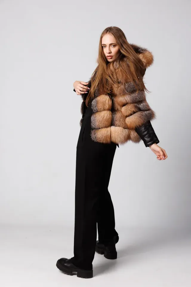 Mareus 252 haină blană vulpe Brown Frost cu glugă