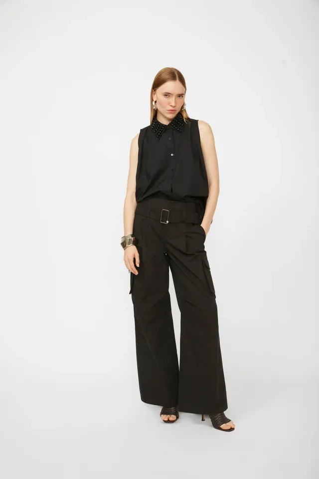 Isabelle Blanche pantaloni negri bumbac cu cordon
