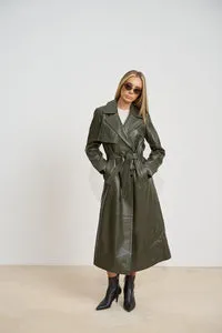 Mareus Olive 668 trench piele dama verde lung 125cm