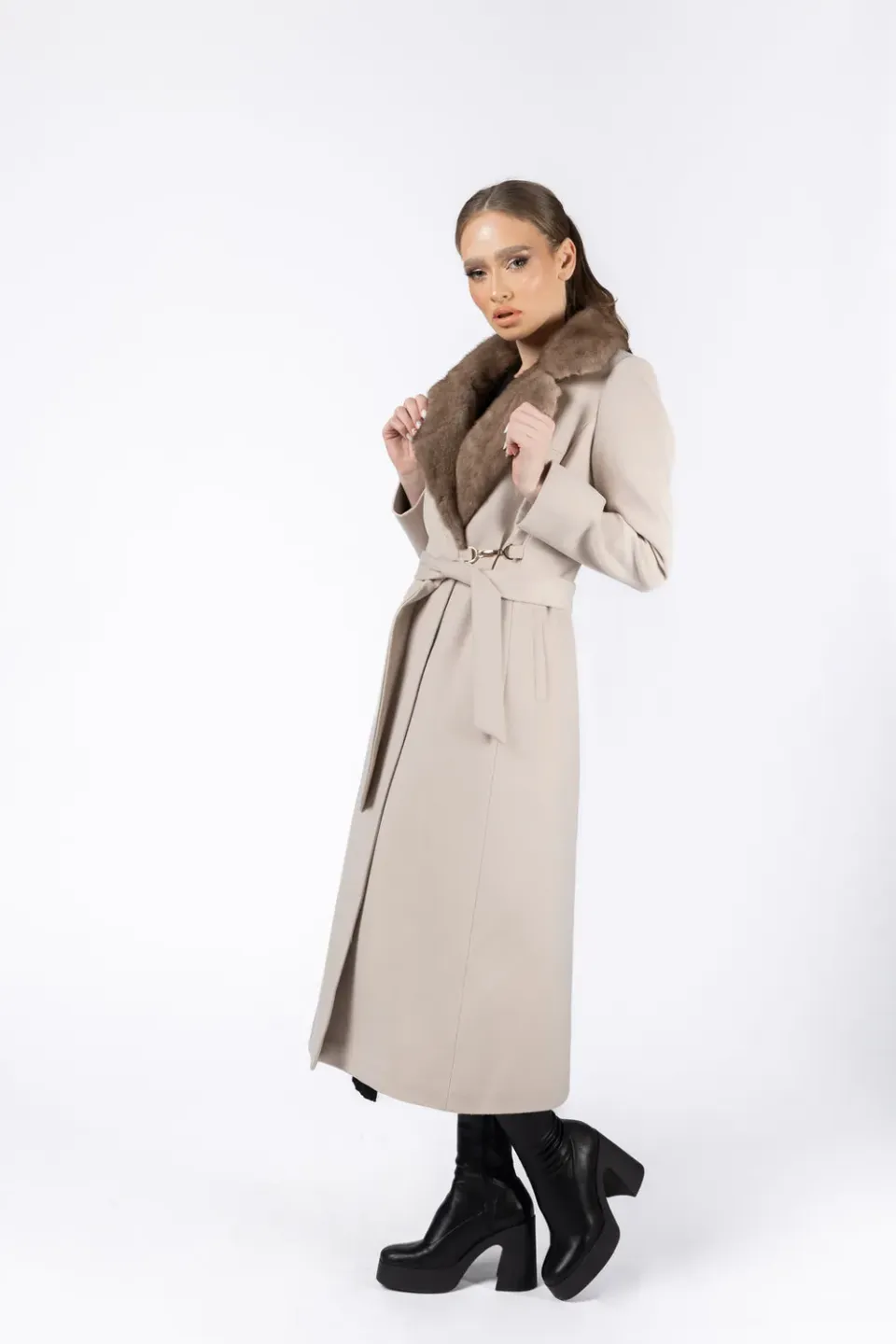 Mareus 281 palton dama casmir Pearl Taupe cu guler vizon