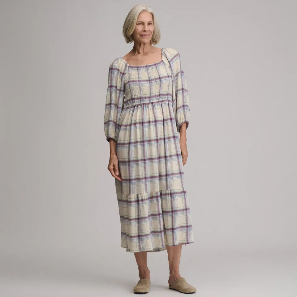 Eddie Bauer Plaid Smocked Bodice rochie midi Shell carouri