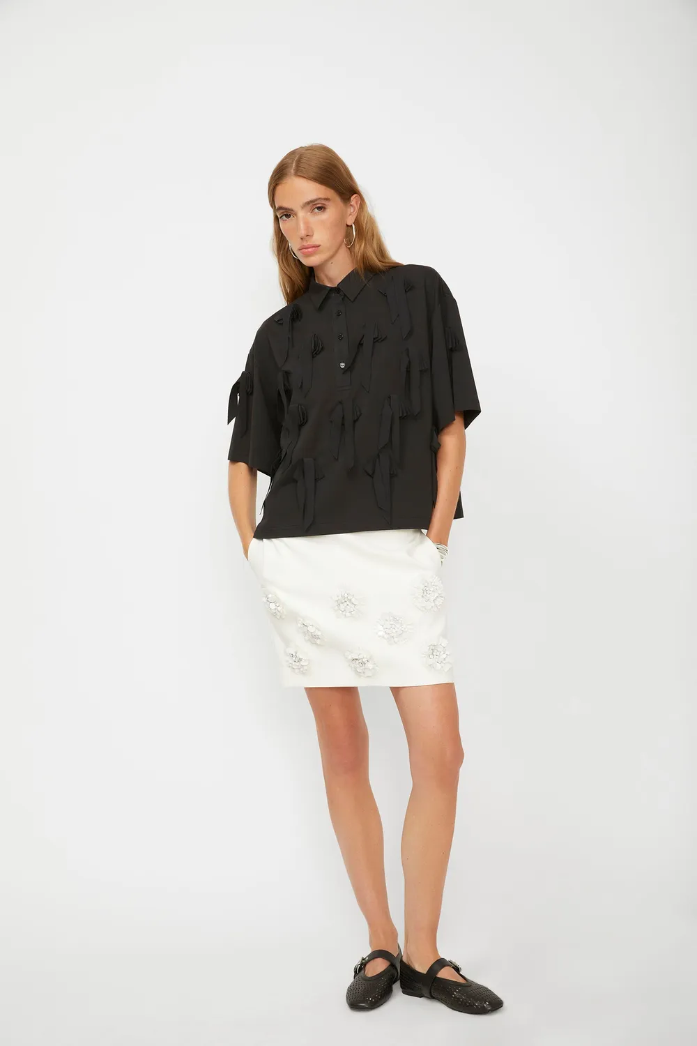 Isabelle Blanche tricou polo negru bumbac cu fundita