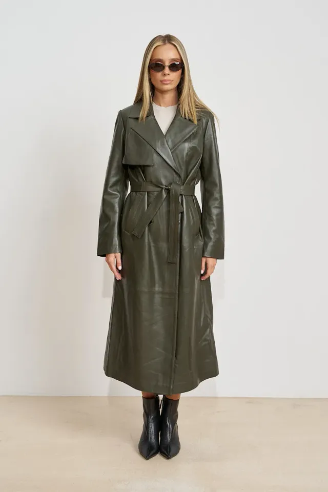 Mareus Olive 668 trench piele dama verde lung 125cm