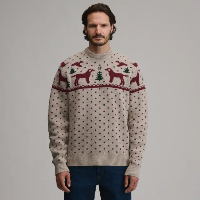 Eddie Bauer Festive Crew pulover bărbați cu câine bej