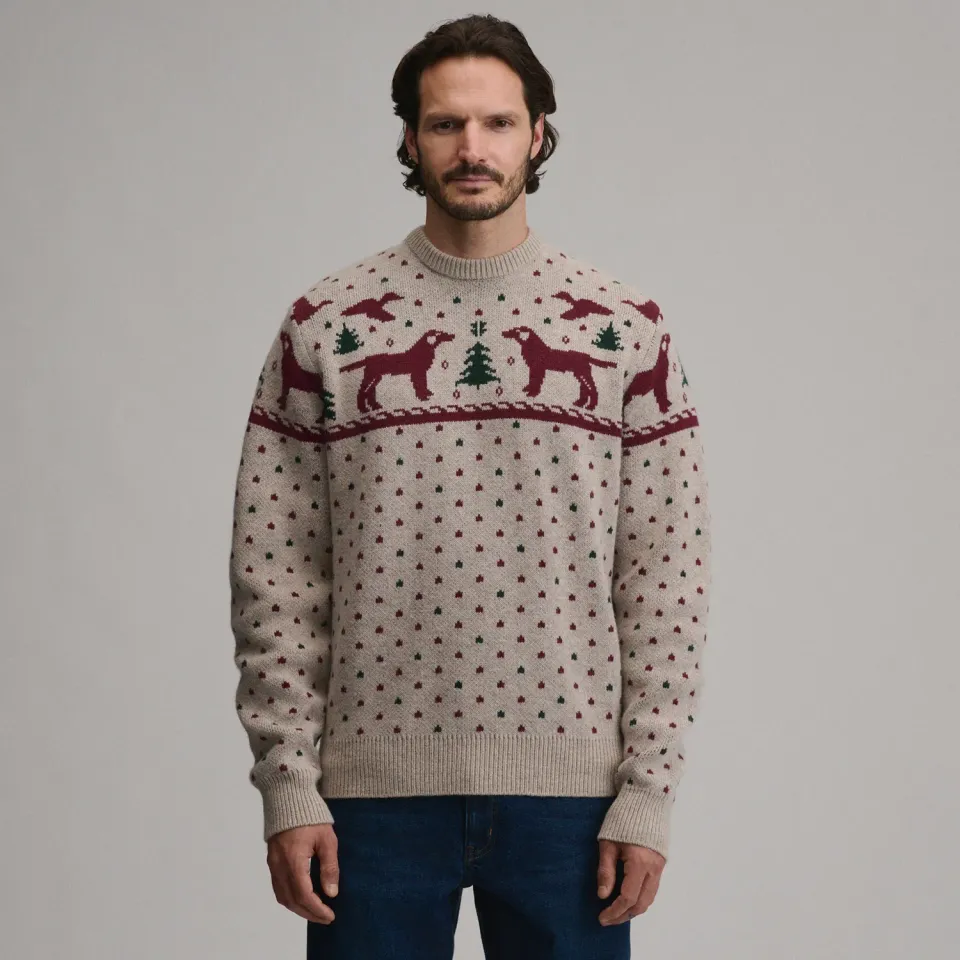 Eddie Bauer Festive Crew pulover bărbați cu câine bej