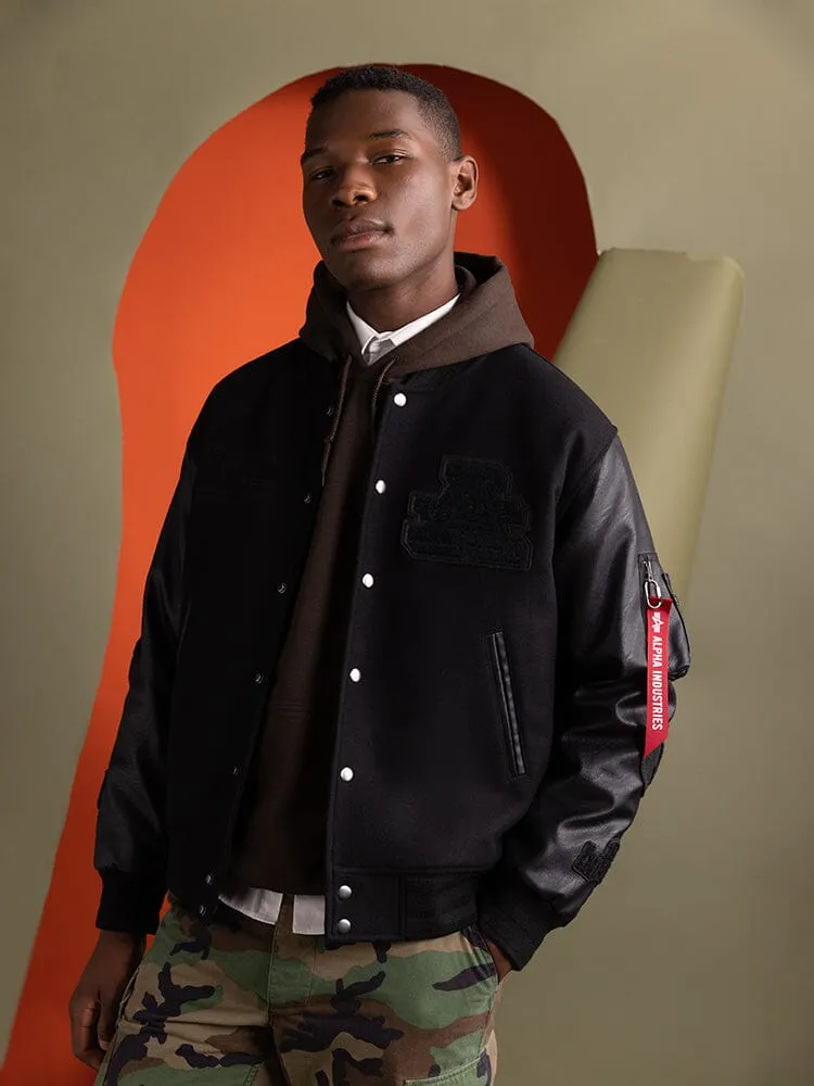 Alpha Industries MA-1 Varsity geacă neagră piele lână