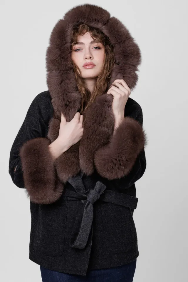 Mareus Sable 292 palton alpaca vulpe cu gluga oversized