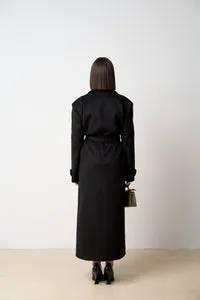 Mareus 522 palton lana lung damă negru cu cordon