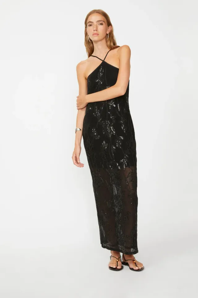 Isabelle Blanche Dress rochie neagra lunga paiete