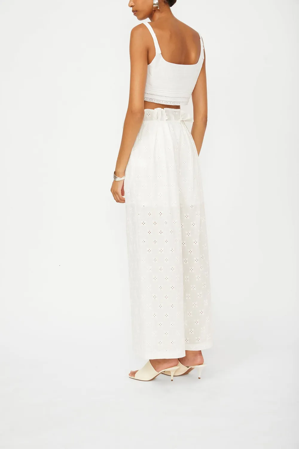 Isabelle Blanche pantaloni bumbac albi broderie englezeasca