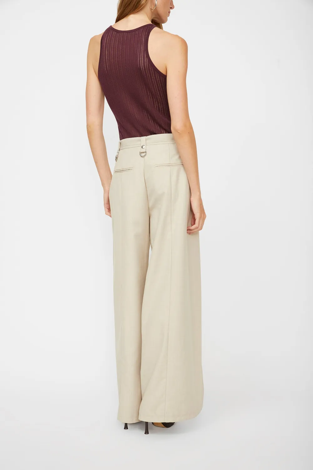 Isabelle Blanche pantaloni taupe lungi cu fanta fata