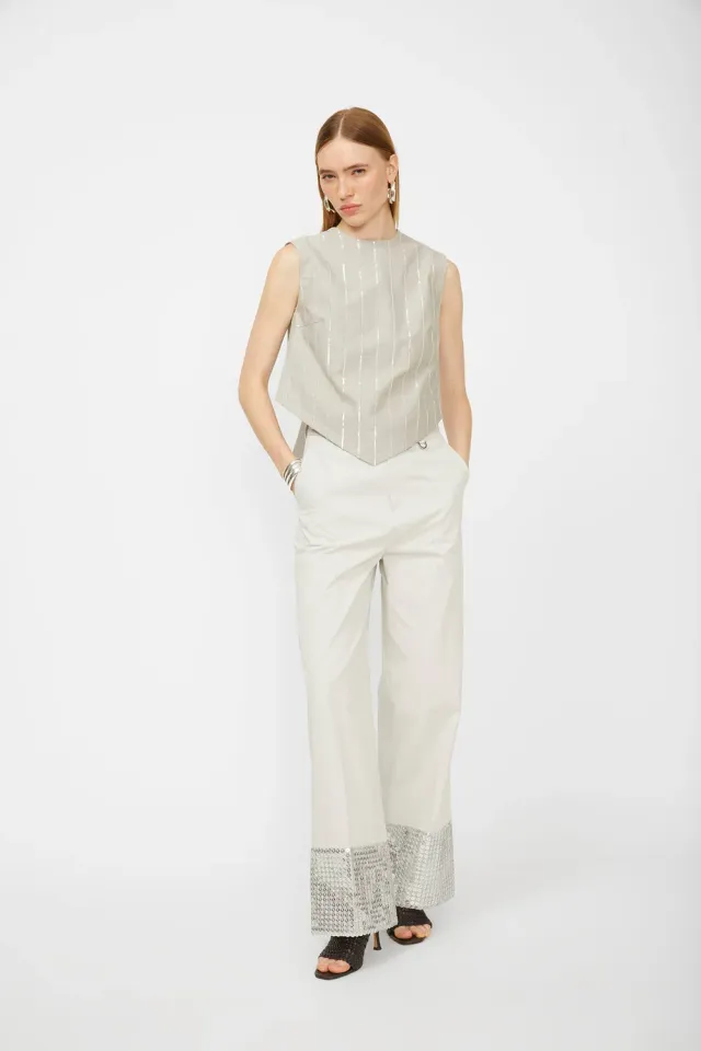 Isabelle Blanche top bumbac ciment S cu broderie paiete