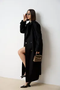 Mareus 522 palton lana lung damă negru cu cordon