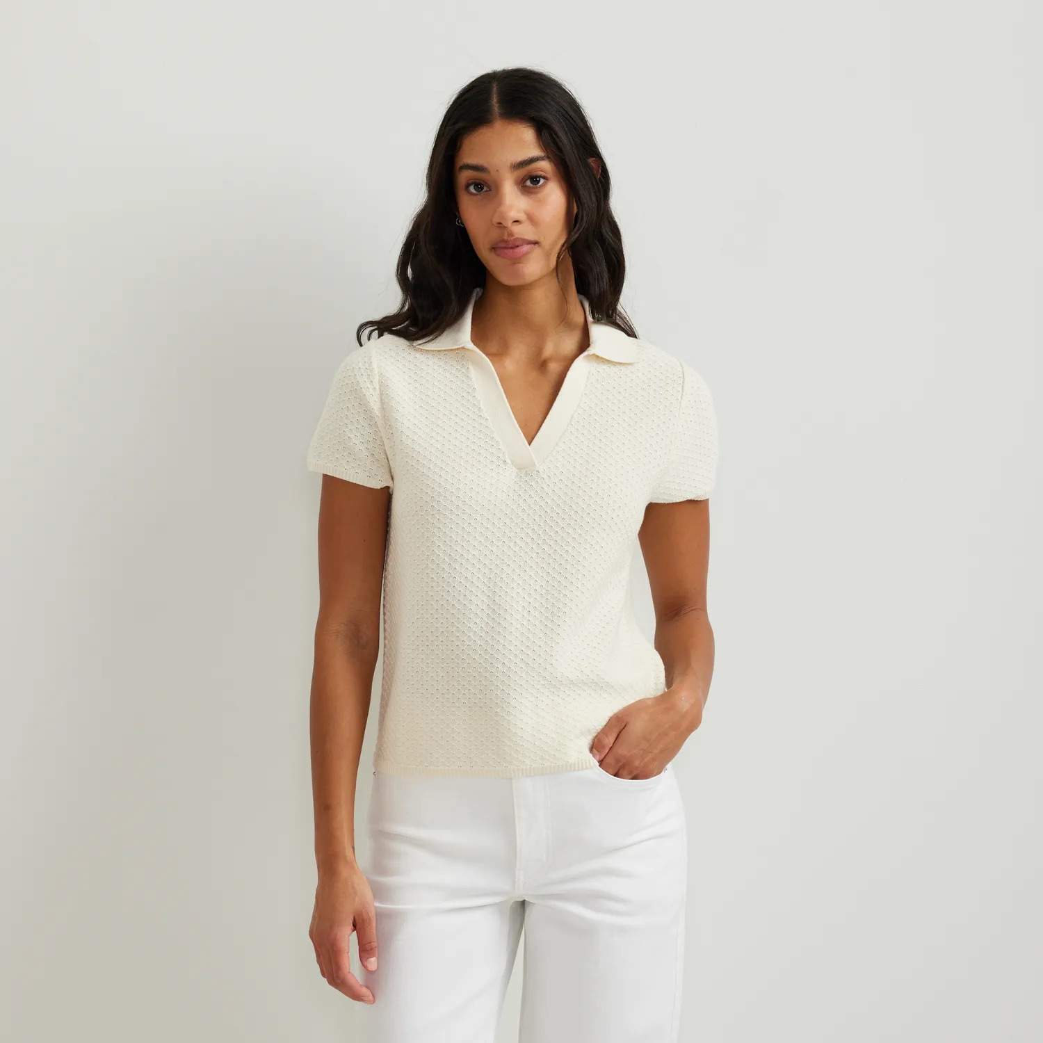 Eddie Bauer Diamond Stitch pulover Ivory mânecă scurtă