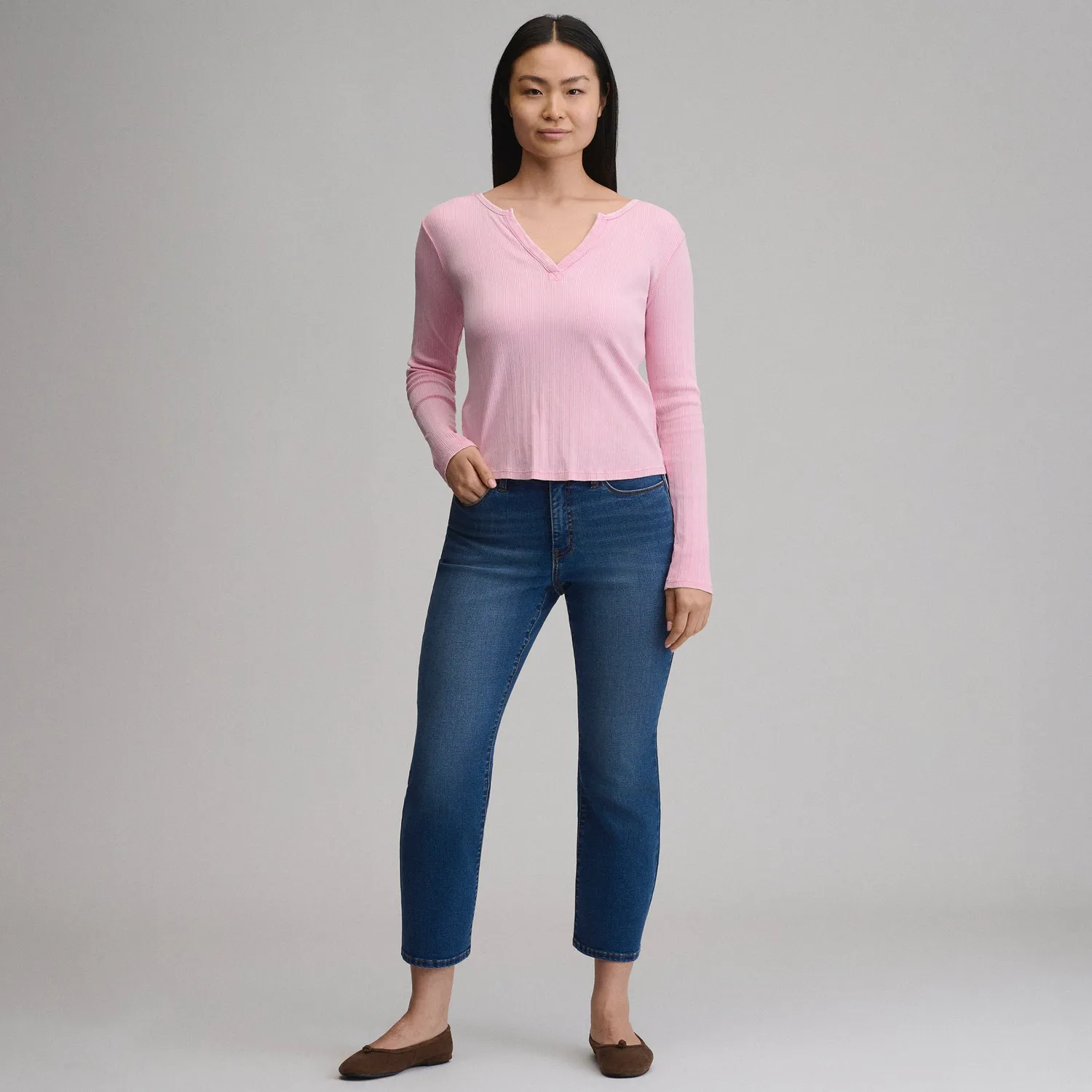 Eddie Bauer Women's Rib Y-Neck Henley bluză ivory
