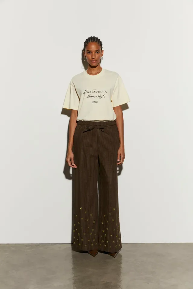 Isabelle Blanche pantaloni evazati carouri verde militar bumbac