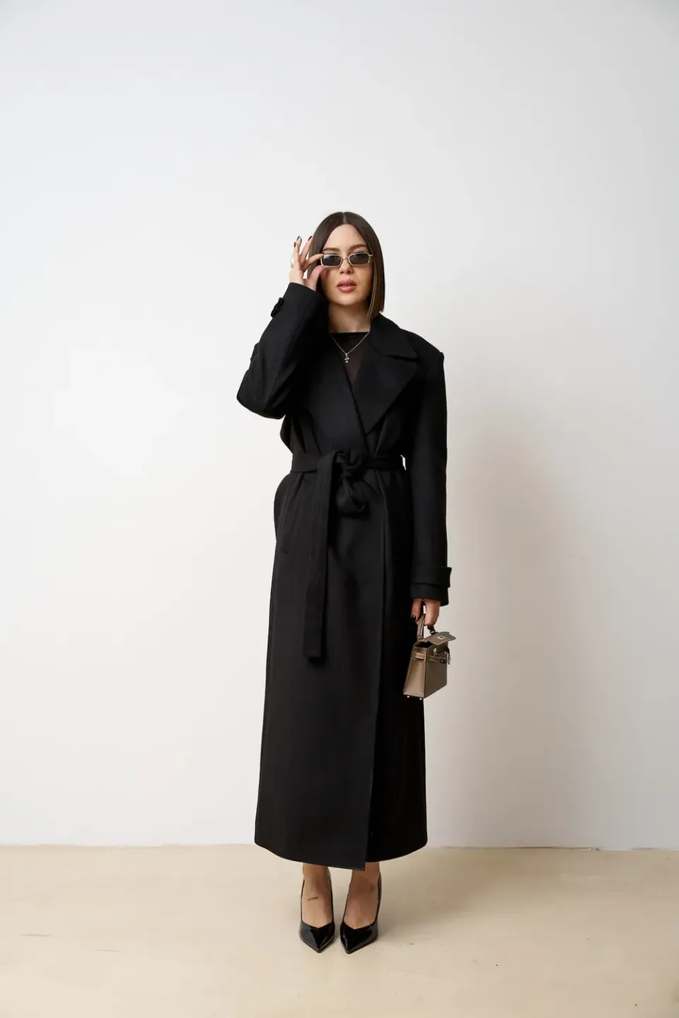Mareus 522 palton lana lung damă negru cu cordon