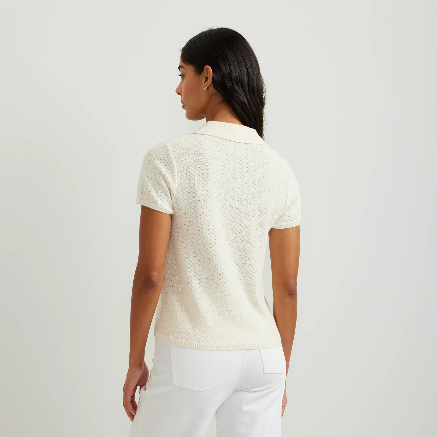 Eddie Bauer Diamond Stitch pulover Ivory mânecă scurtă