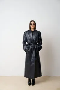 Mareus 527 palton piele damă albastru marin lung