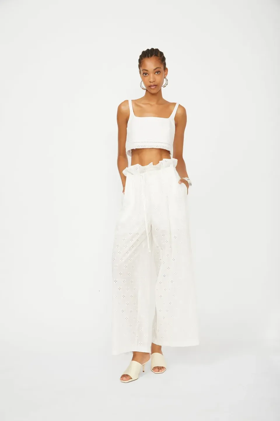 Isabelle Blanche pantaloni bumbac albi broderie englezeasca
