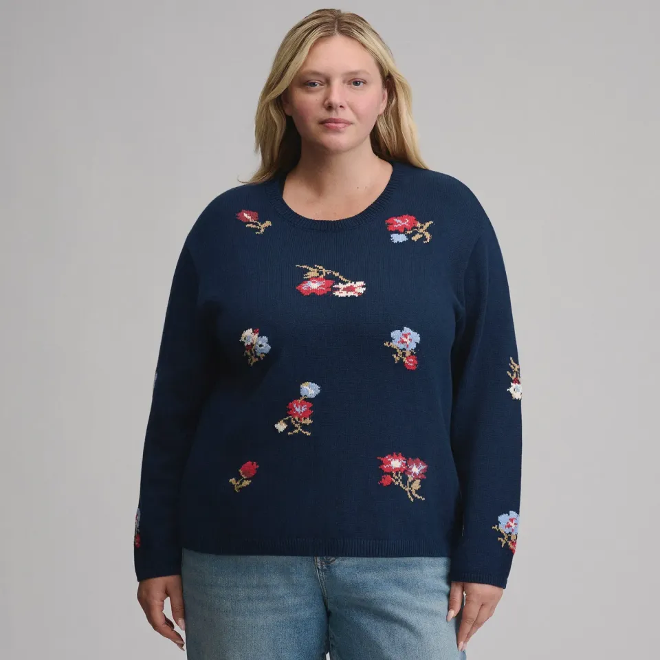 Eddie Bauer Floral Crewneck pulover dama bleumarin cu model floral