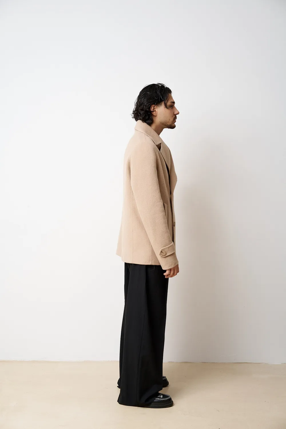 Mareus 533 palton lână Desert Beige scurt bărbați