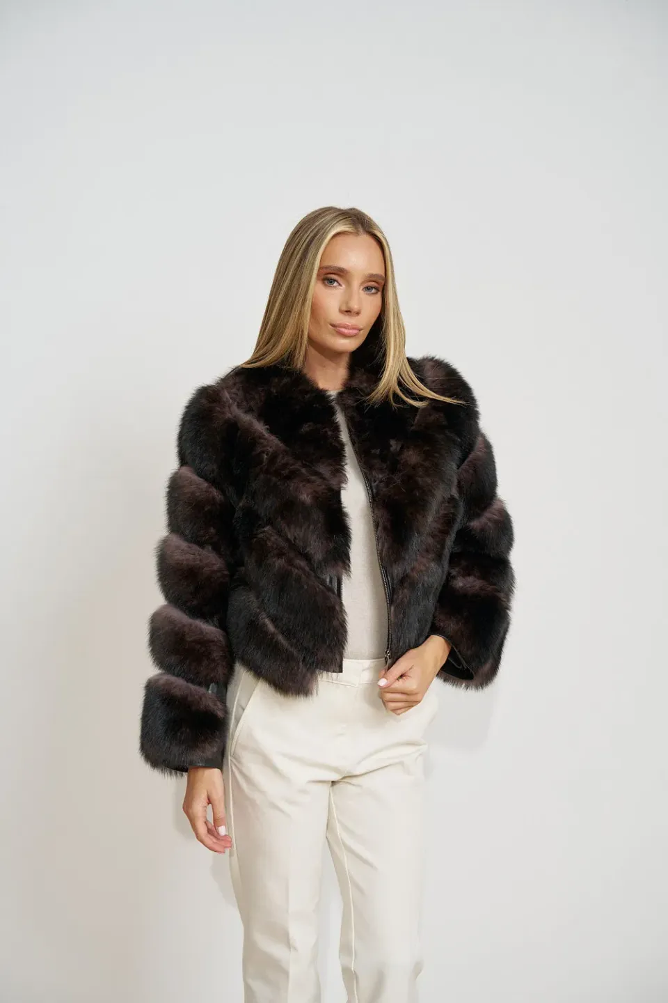 Mareus 602 haină blană vulpe Smoky Taupe cu piele