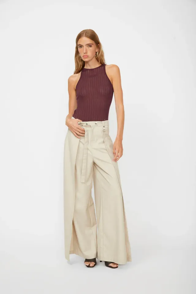 Isabelle Blanche pantaloni taupe lungi cu fanta fata