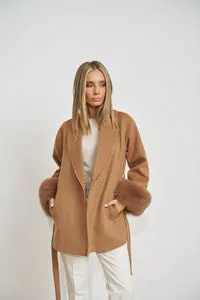 Mareus 671 palton lână damă camel cu manșete vulpe 75cm