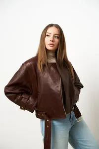 Mareus 626 geacă piele damă amber cognac oversized