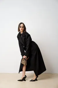Mareus 522 palton lana lung damă negru cu cordon