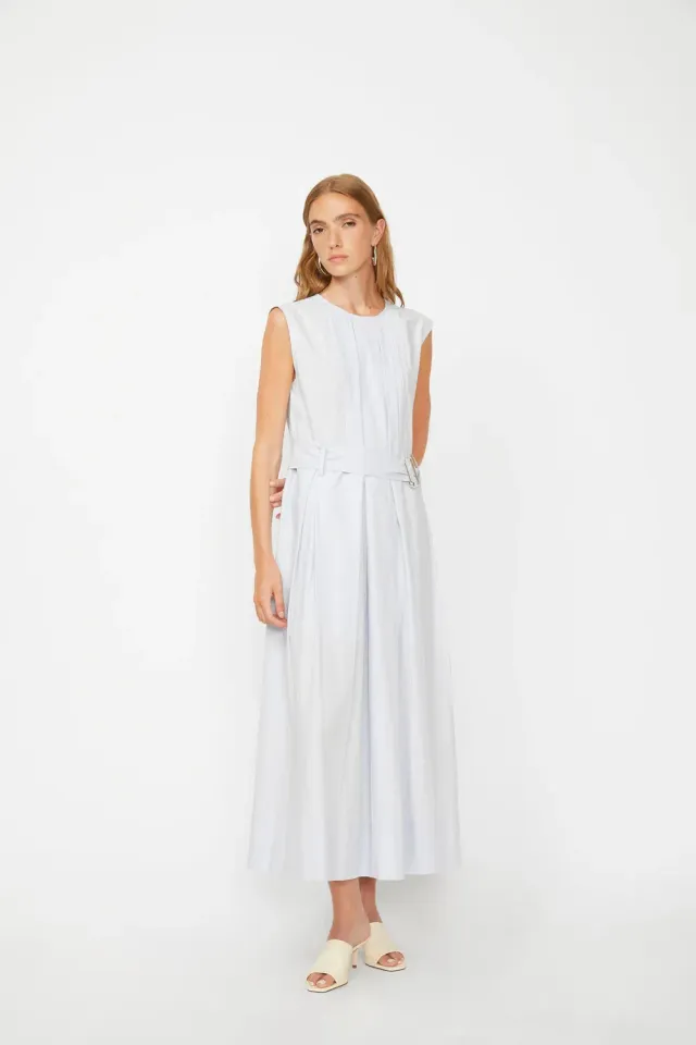Isabelle Blanche rochie lunga Steel Blue bumbac cu cordon