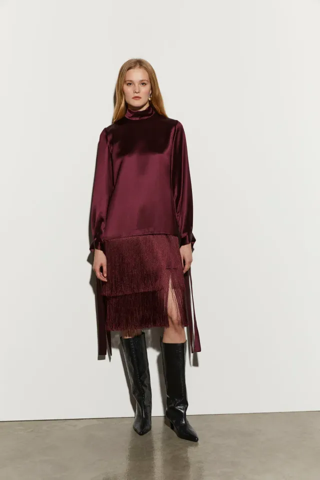 Isabelle Blanche rochie cu franjuri burgundy poliester
