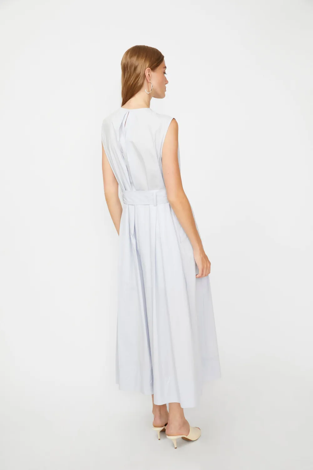 Isabelle Blanche rochie lunga Steel Blue bumbac cu cordon