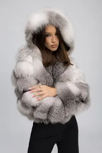 Mareus Arctic Silver 454 haină blană vulpe argintie cu glugă